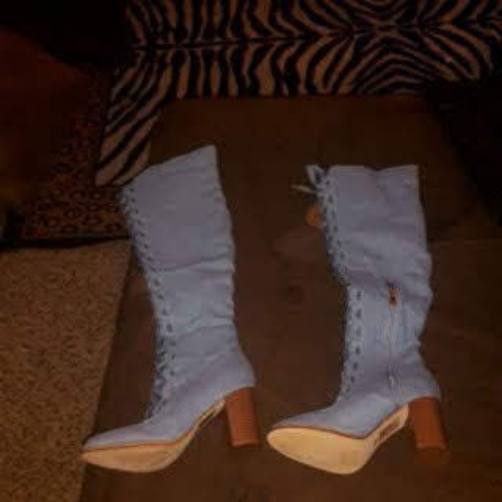 Lace up light denim knee high boots